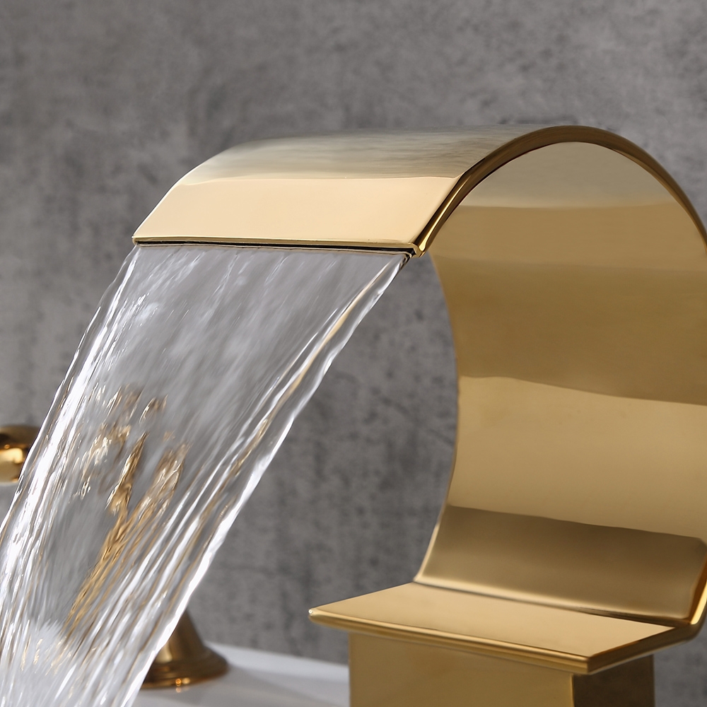 Mooni Waterfall Widespread Lever Handle Bathroom Sink Faucet in Glistening Gold