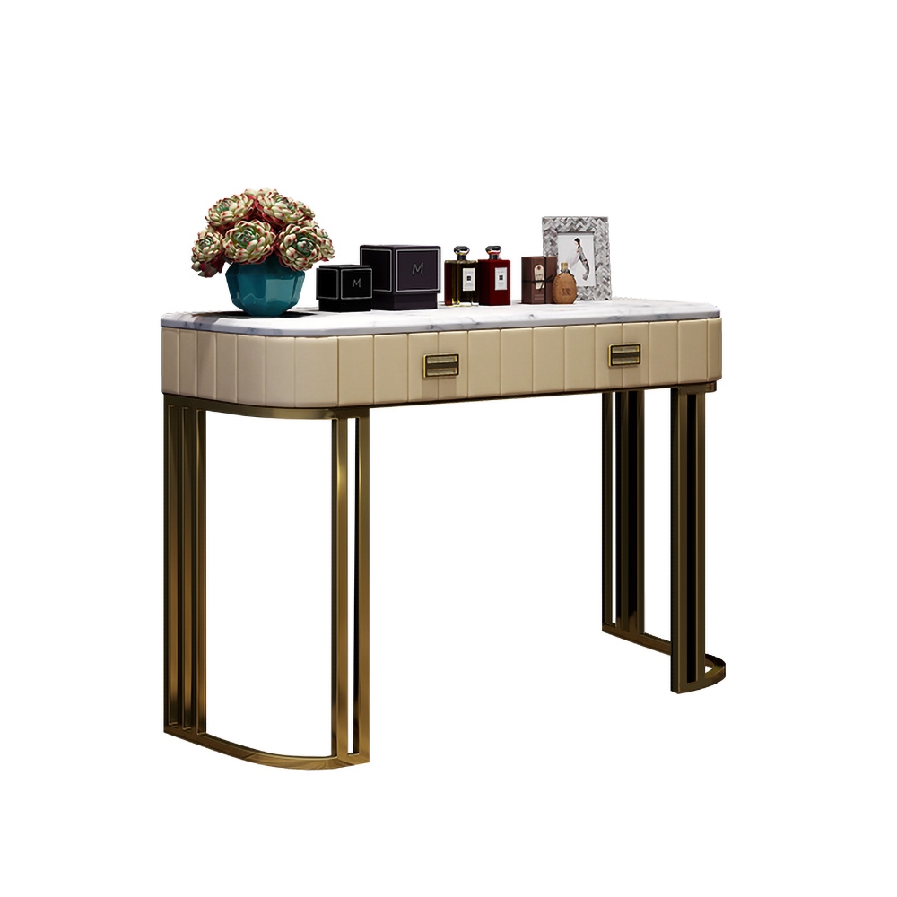 Faux Marble Tabletop Dressing Makeup Table with Drawers Metal Base in Gold