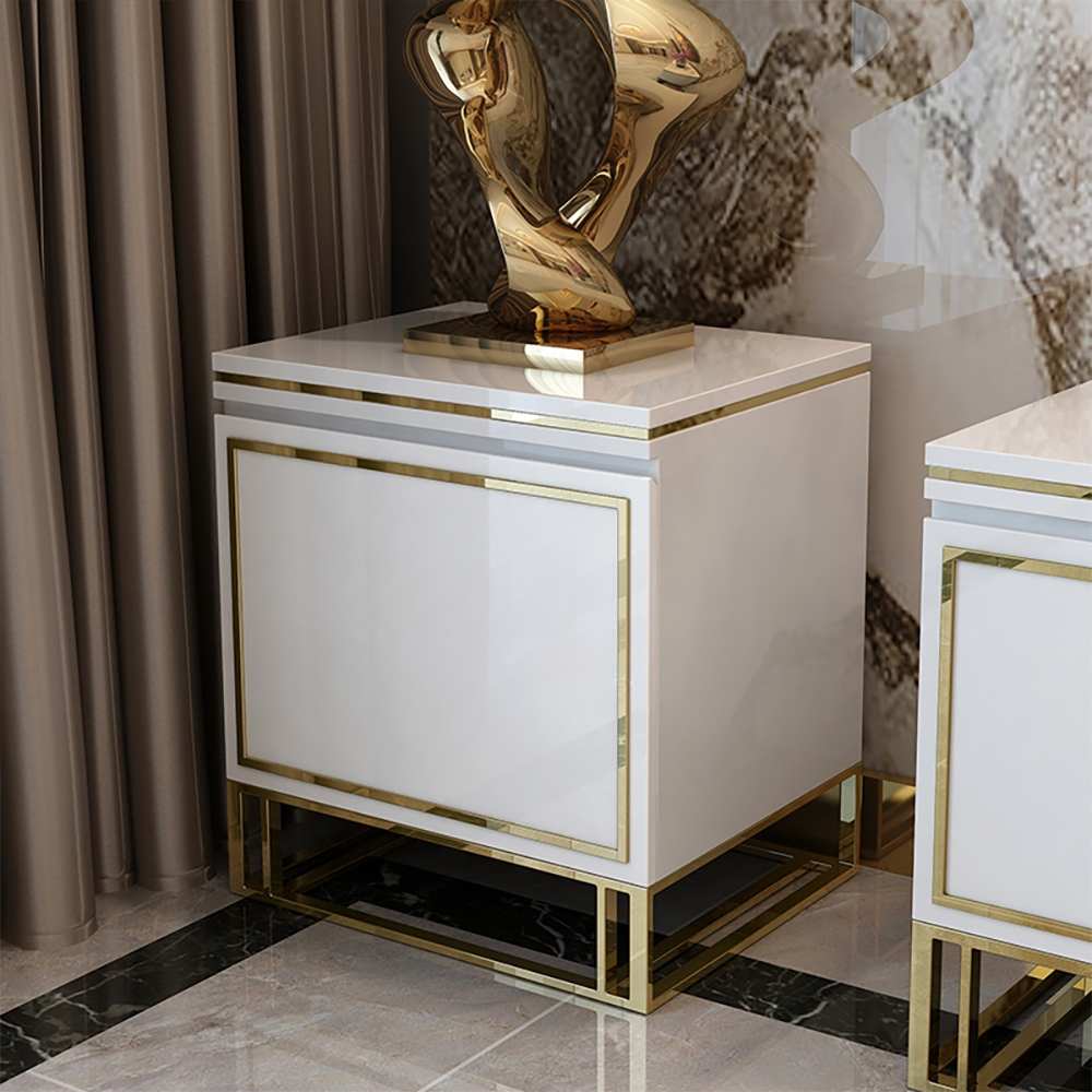 

Modern White Glossy Cabinet with 3 Drawers Gold Finish in Large