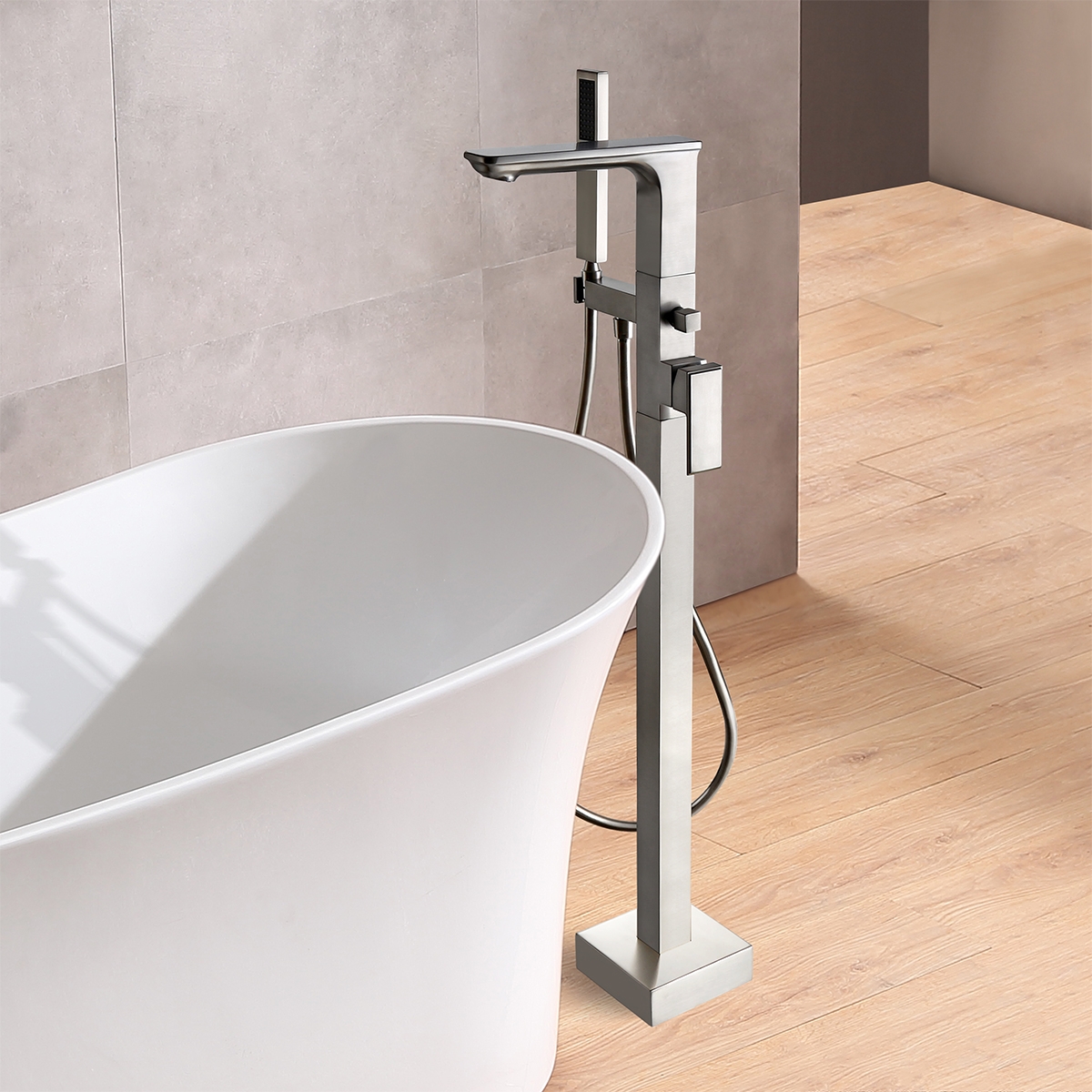 

Modern Floor Mounted Bathtub Faucet Single Handle Freestanding Tub Filler with Handshower Brushed Nickel Solid Brass