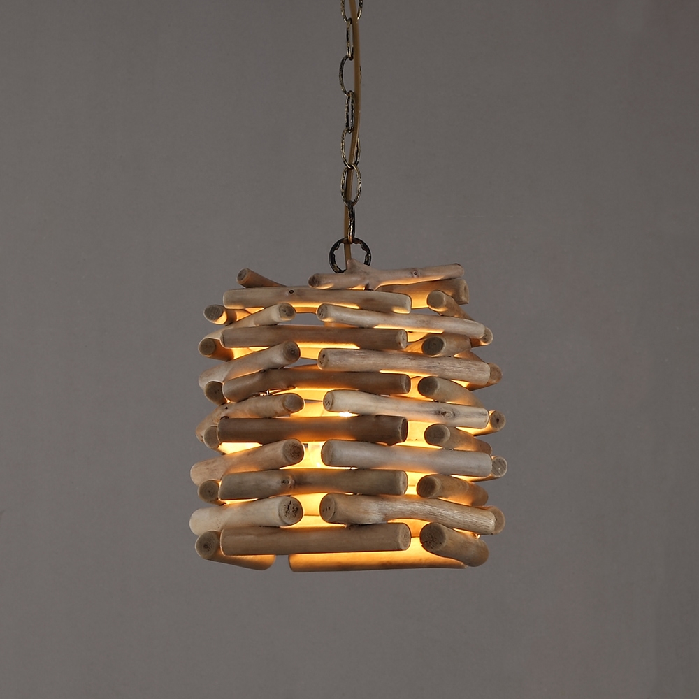 Rustic Cottage Oak Driftwood Cage Lantern Pendant Lighting 1-Light Ceiling Light in Antique Brass