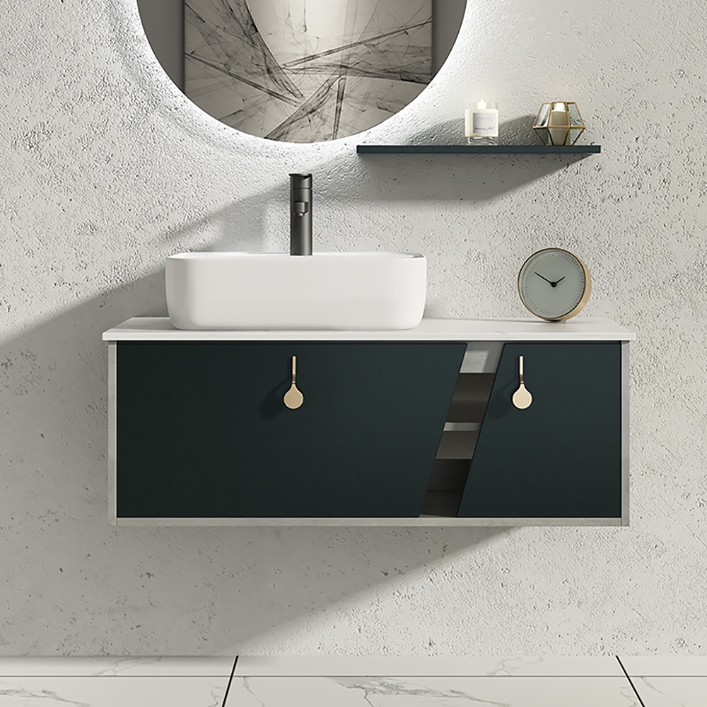 24" Wall-Mount Green & Gray Bathroom Vanity with Top Faux Marble Vessel ...