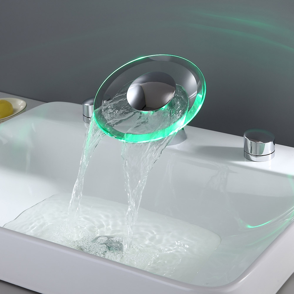 

Cascata LED Colored Waterfall Widespread Bathroom Sink Faucet Double Handle Polished Chrome