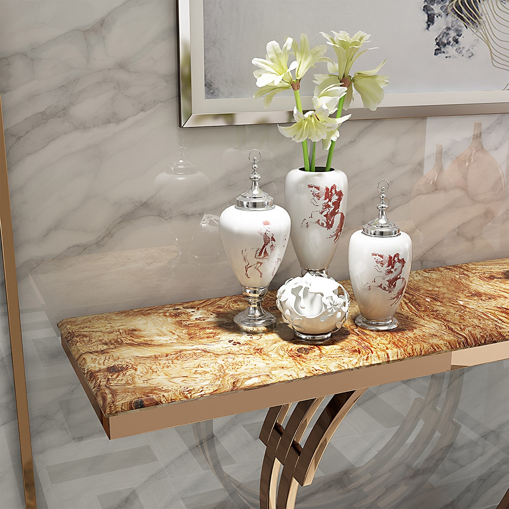 Modern Luxury 48" Faux Marble Narrow Console Table Rectangle Tabletop Stainless Steel in Rose Gold