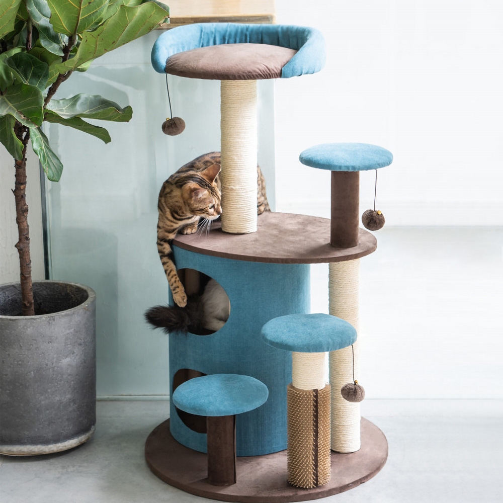 Blue Velvet Cat Tree Condo 40.1" Cat Tower And Perch Scratching Post Teasing Toy