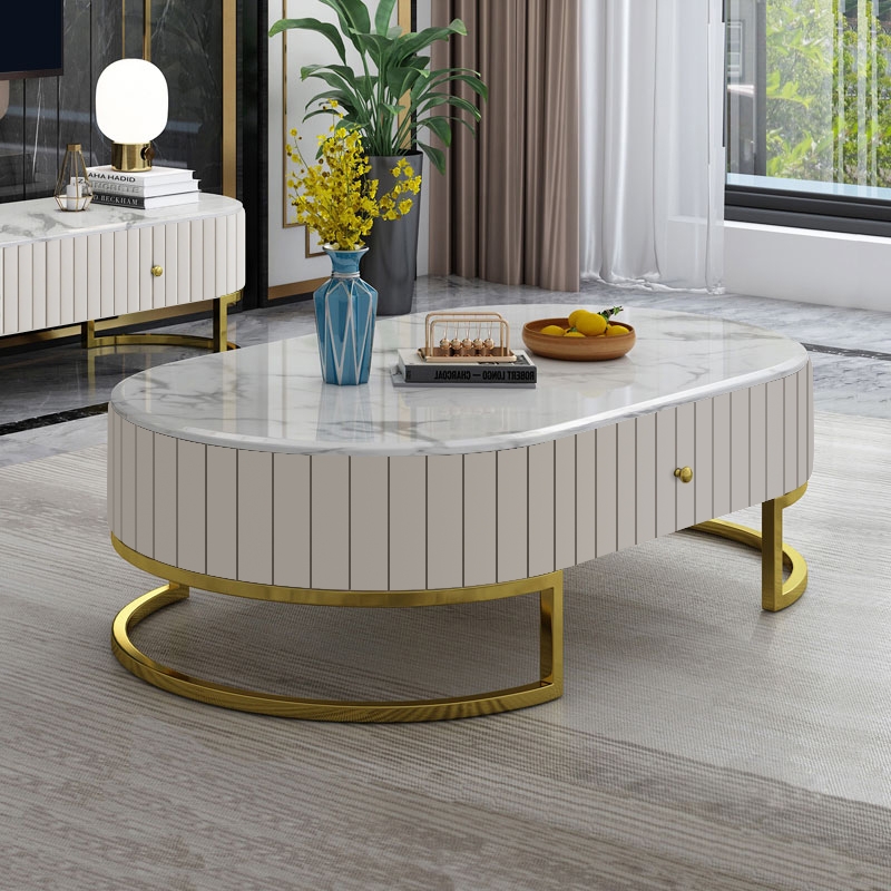 47.6" Modern Oval Faux Marble Top Coffee Table with 2 Drawers Gold Metal Base in White