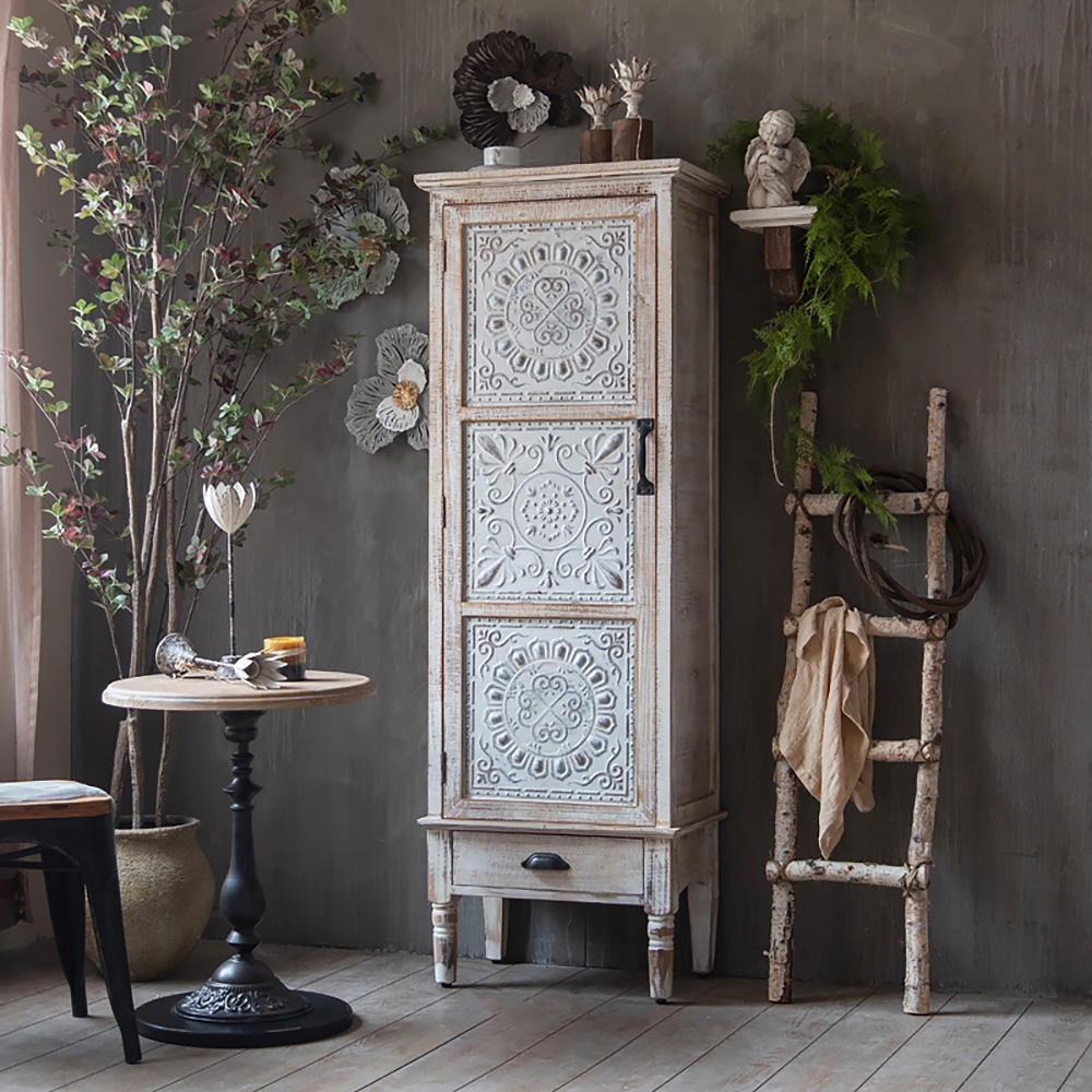 Distressed White Wood Display Cabinet with Storage Curio Accent Door Cabinet