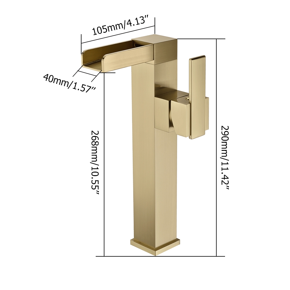 Mero Waterfall Brushed Gold Bathroom Vessel Sink Faucet Solid Brass Single Handle