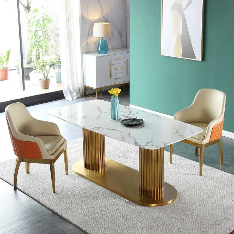 

Modern Rectangular Faux Marble White Dining Table 71" Gold Base