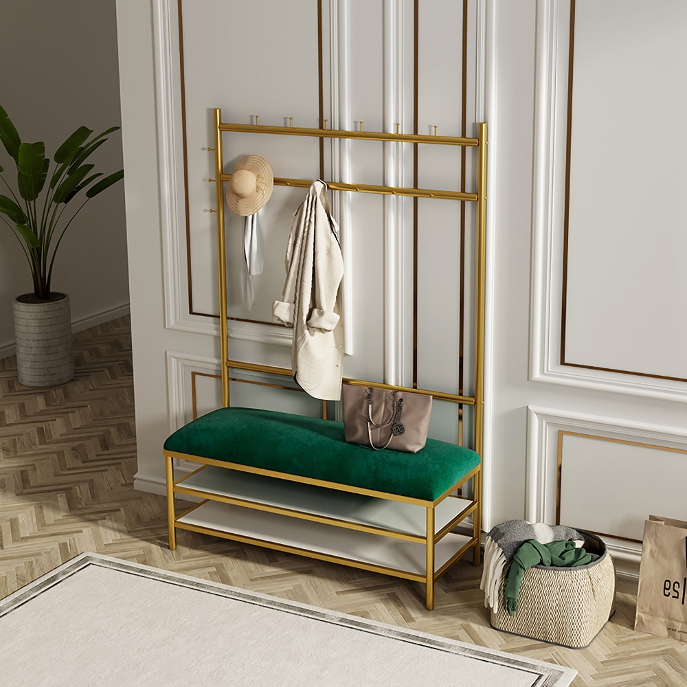 Entryway Hall Tree with Shoe Storage Bench Green Velvet Upholstered Gold Clothing Rack