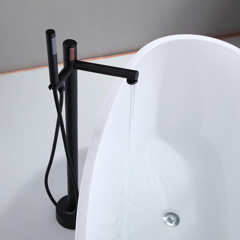 

Freestanding Tub Filler Floor Mounted Bathtub Faucet with Hand Shower Solid Brass