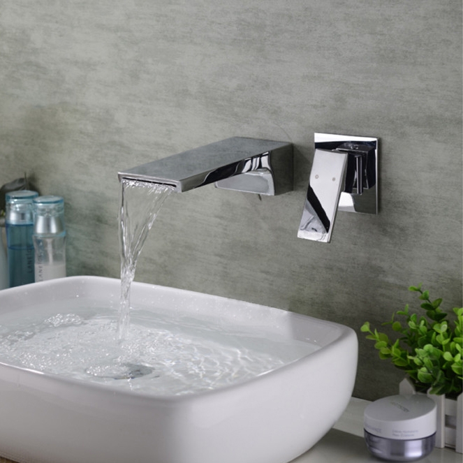 

Modern Waterfall Solid Brass Single-Handle Wall-Mount Sink Faucet in Polished Chrome