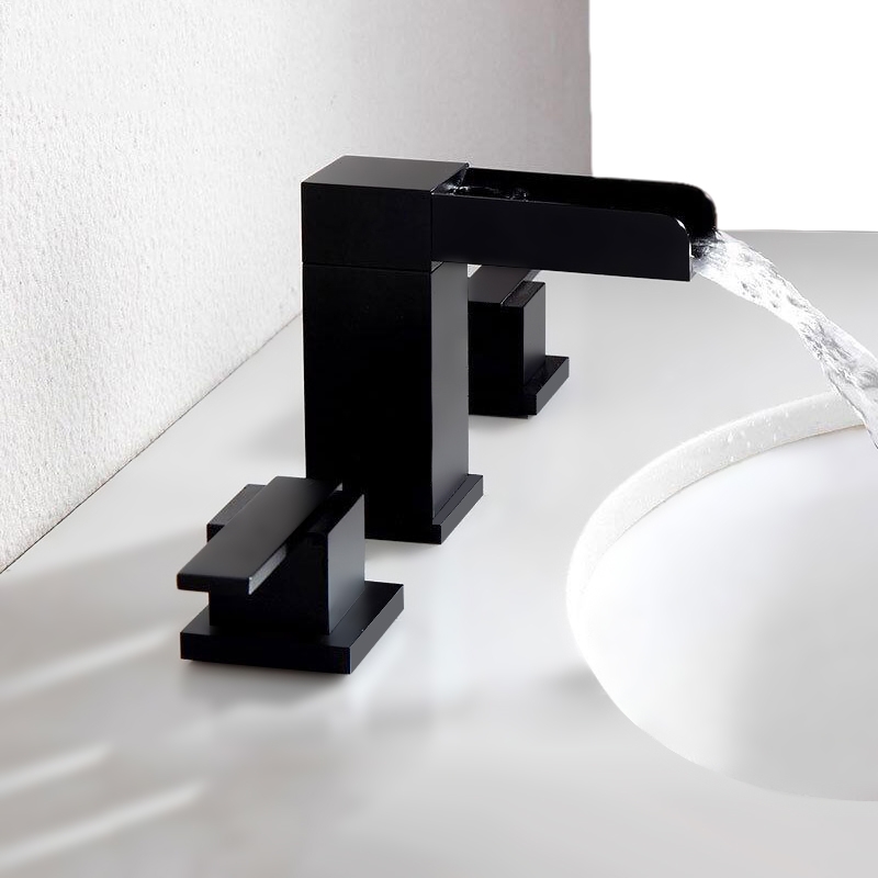 Mero Modern Waterfall Widespread Double Handle Right Angled Bathroom Sink Faucet In Matte Black 1524