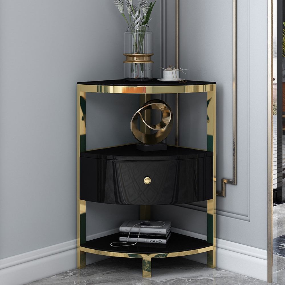 Image of Black Corner Cabinet Triangle Storage Cabinet with Drawer & Shleves Stainless Steel Gold