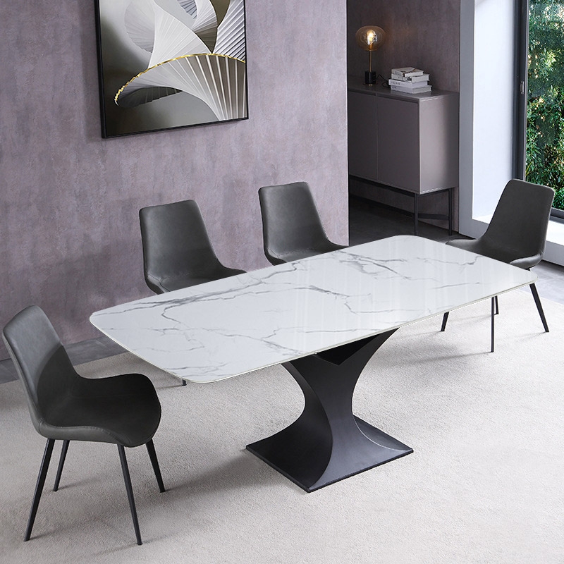 79" Modern Rectangle Stone Dining Table with Black Metal Y-Base in White