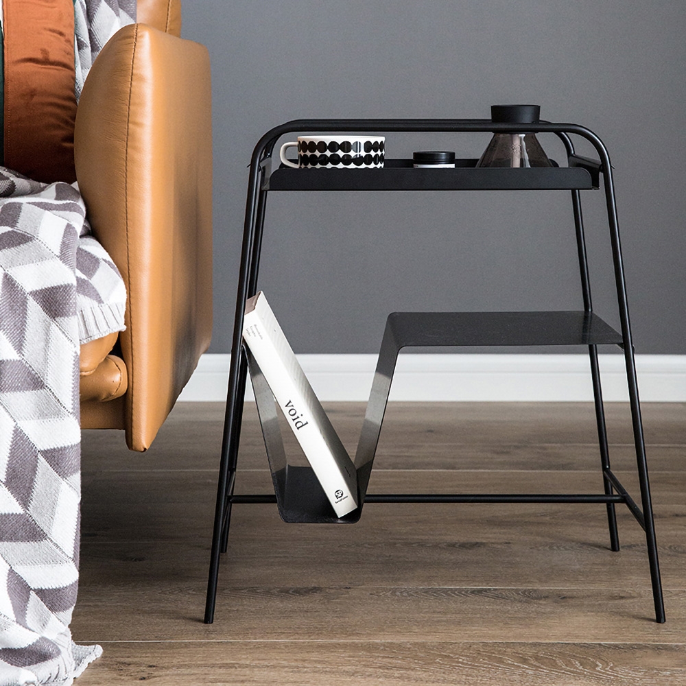 Modern Black Metal End Table for Living Room with Tray Top & Shelves