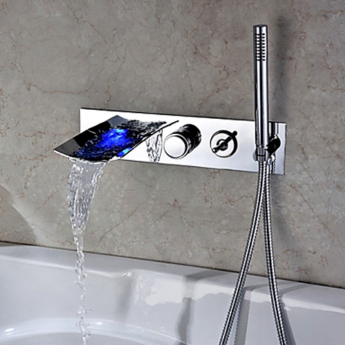 Clari Modern Wall Mounted LED Waterfall Tub Filler Faucet with Hand Shower Chrome
