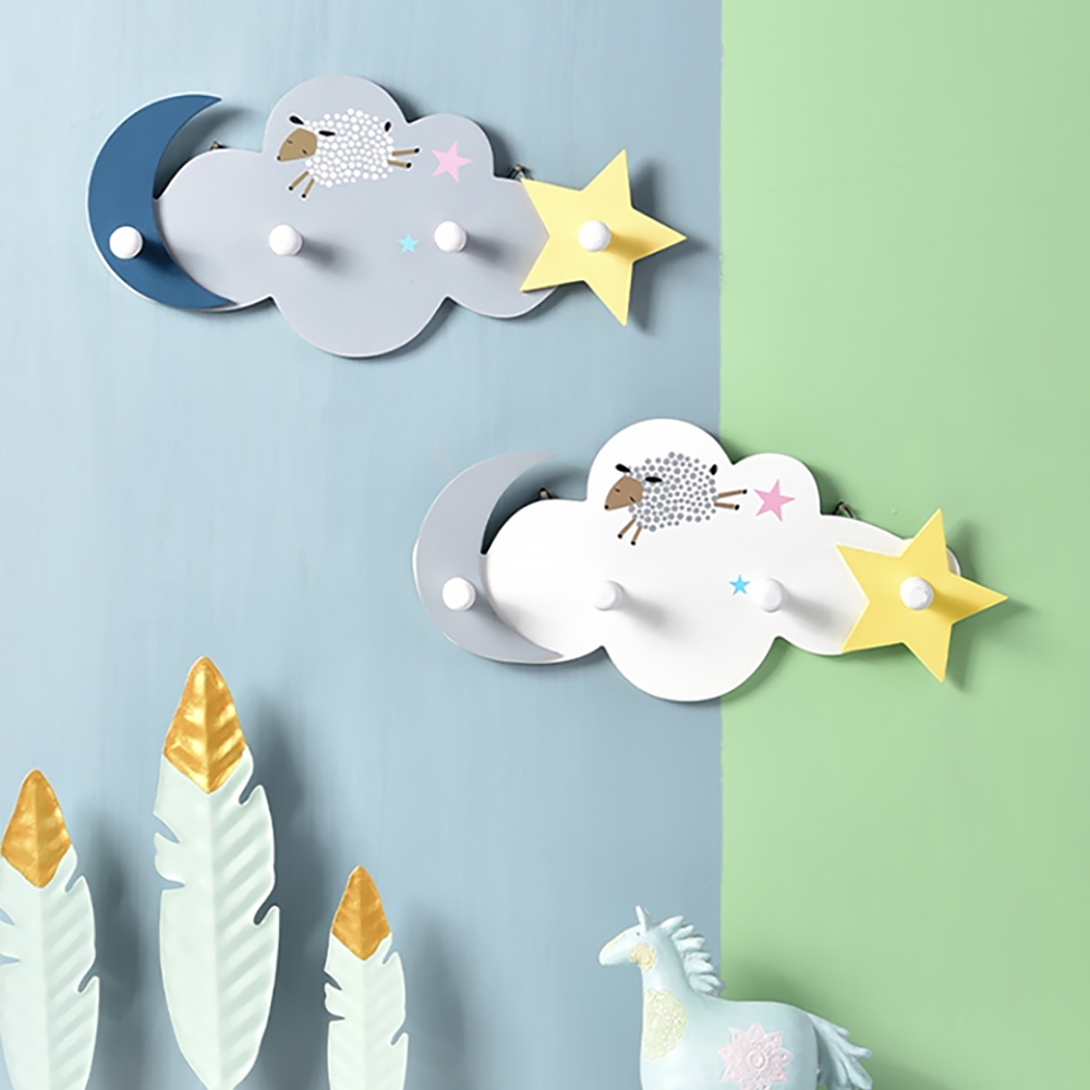 Gray Cute Cloud And Stars Kids Wall Mounted With 4 Hook Set Of 2