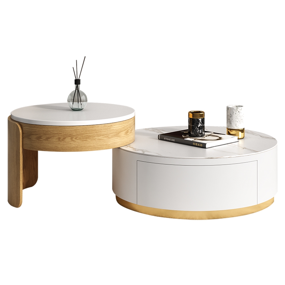 Modern Round Coffee Table with Storage Lift-Top Wood & Stone Coffee Table with 2 Drawers