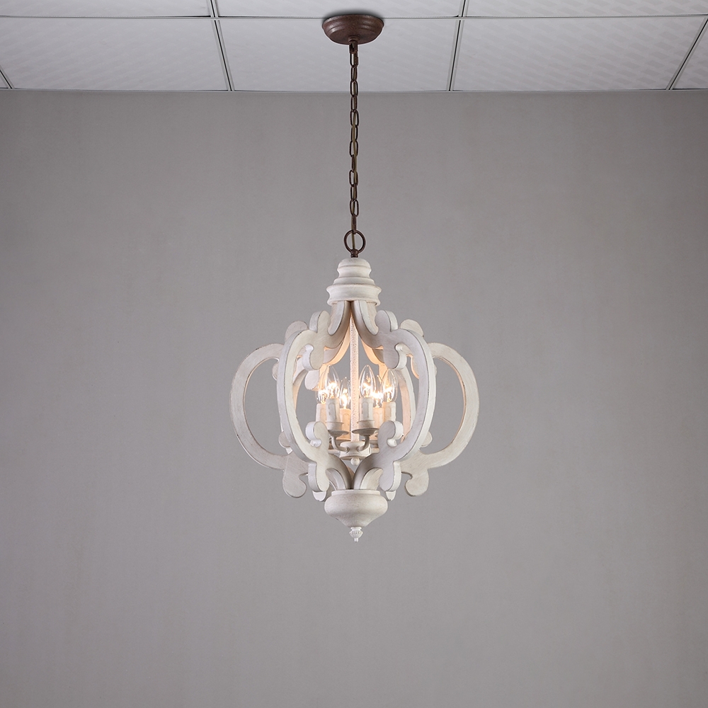 French Country Weathered Wood & Iron 6-Light Candle-Style Chandelier in Distressed White