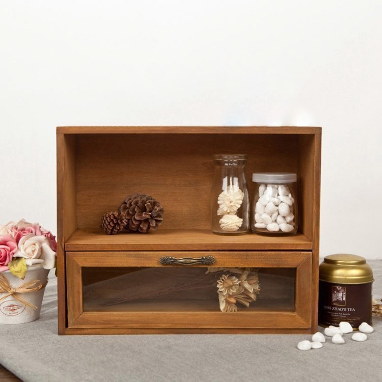 Rustic Minimalist Freestanding Wood Countertop Organizers With Shelf & Glass Drawer In Brown