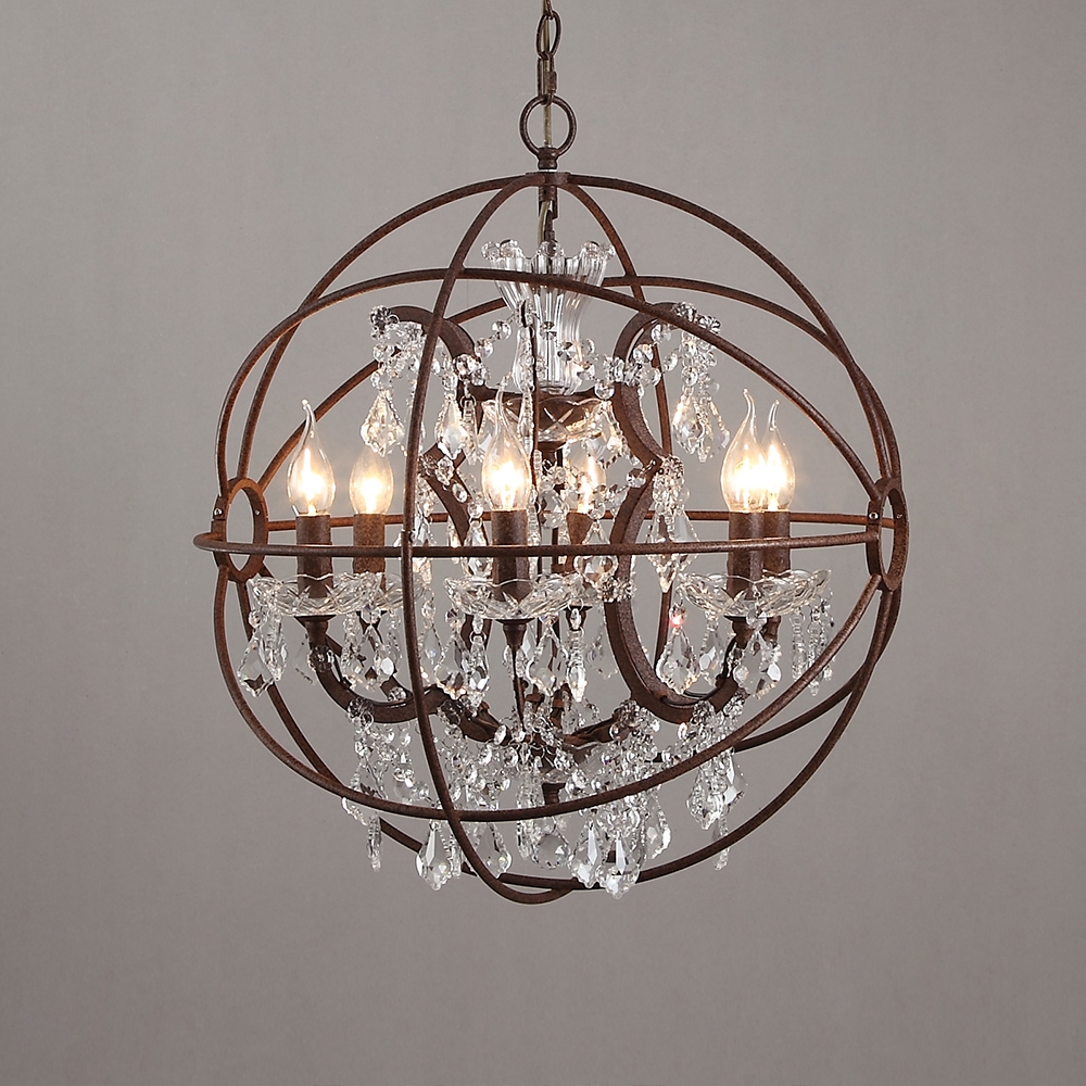 

Industrial Loft 6 Lights Retro Clear Crystal Rust Metal Orb Chandelier