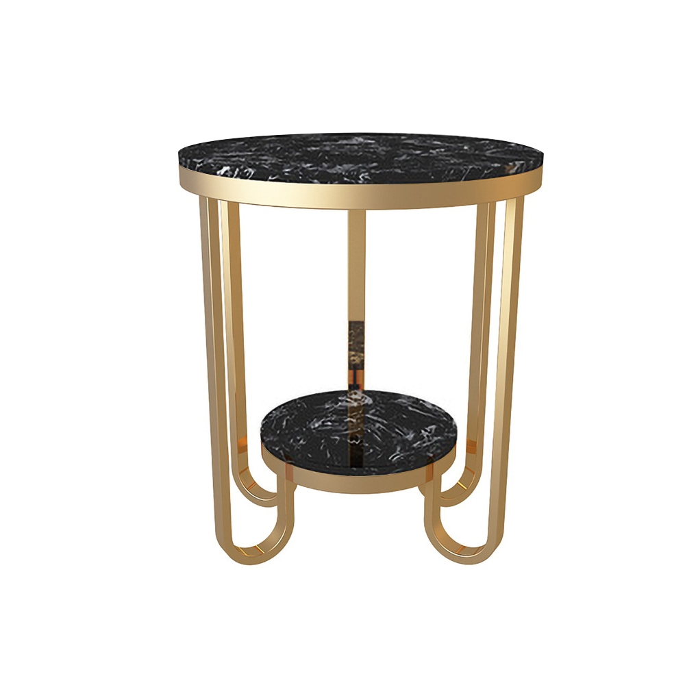Black Faux Marble Round End Table for Living Room with Storage Shelf Gold Metal