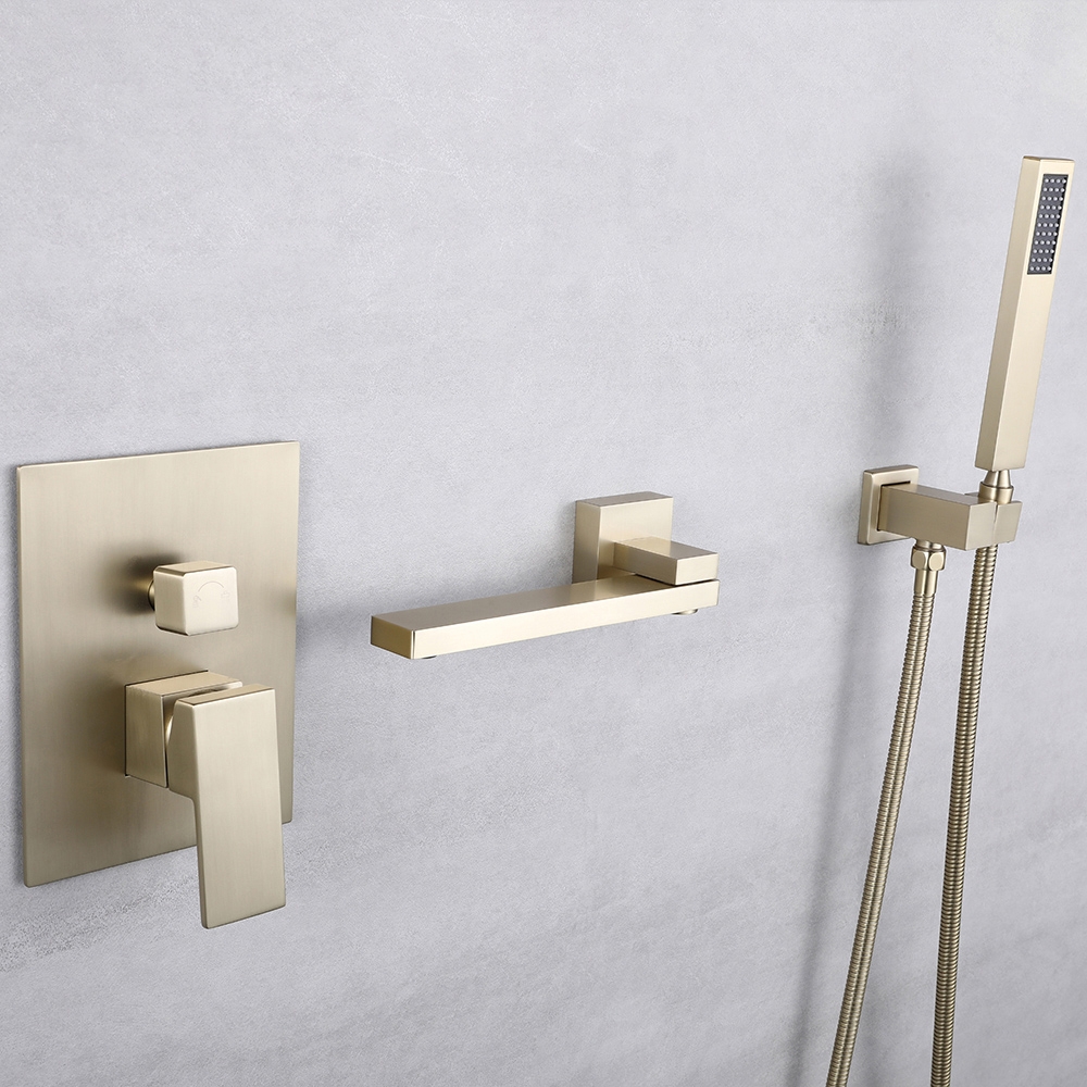 Ultramodern Brushed Gold Wall Mounted Swivel Bath Filler Tap with Hand Shower
