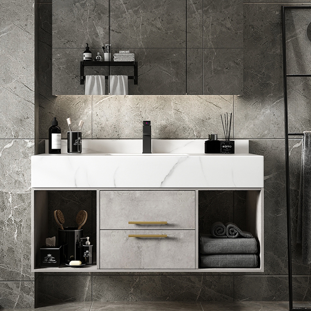 1000mm Grey Floating Bathroom Vanity with Stone Top Wall Mounted Cabinet