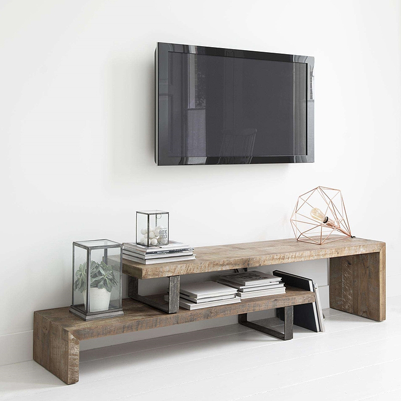 Rustikaler verstellbarer TV-Ständer aus Holz für Fernseher mit bis zu 80" offenem Speicher