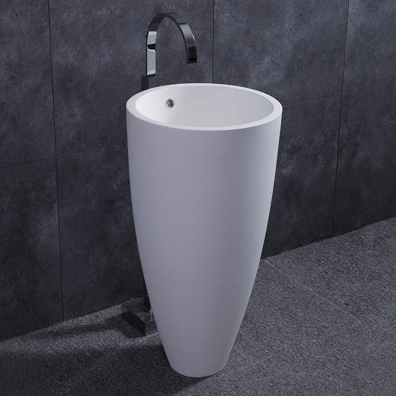 Modern Freestanding Round Glossy White Stone Resin Conical Pedestal Sink With Overflow & Drain