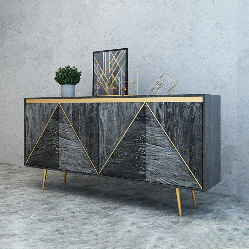 Grey and Gold Credenza 4 Doors Sideboard Cabinet with Storage Midcentury Modern