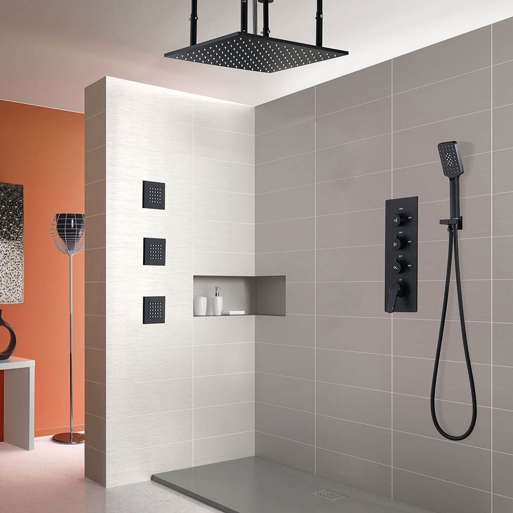 Thermostatic Matte Black Shower System 20" Large Rainfall Shower Head