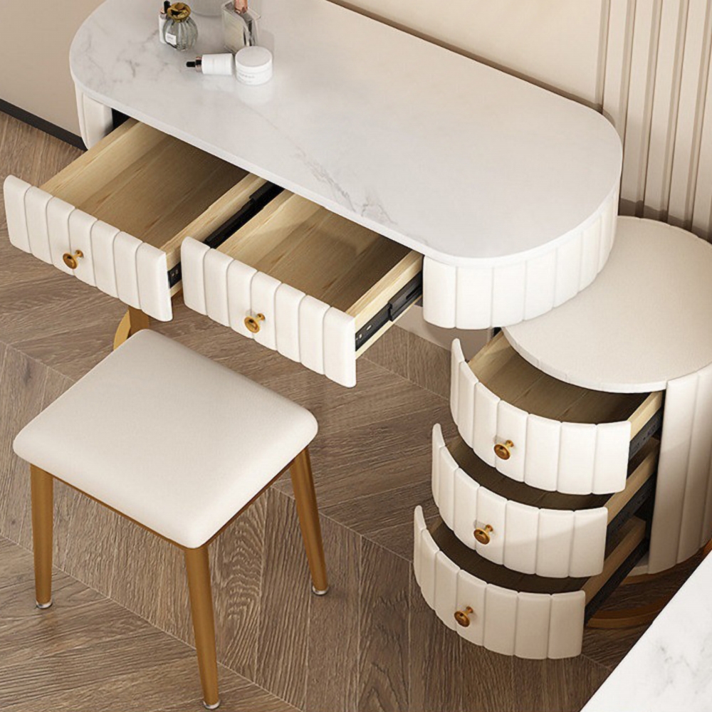 Epaule Modern White Makeup Vanity Expandable Upholstered Dressing Table with 5 Drawers