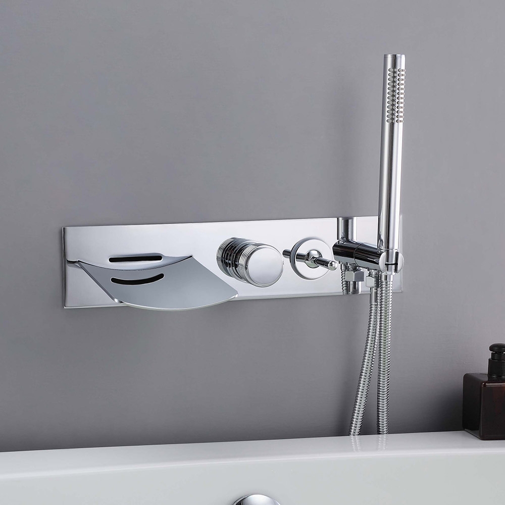 Clari Modern Wall Mounted LED Waterfall Tub Filler Faucet with Hand Shower Chrome