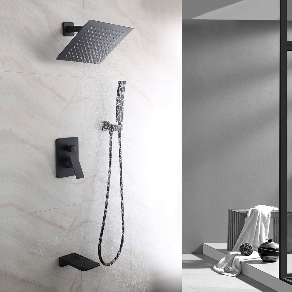 Solid Brass Wall Mount Rainshower Hand Shower & Bath Spout Shower Mixer in Matte Black