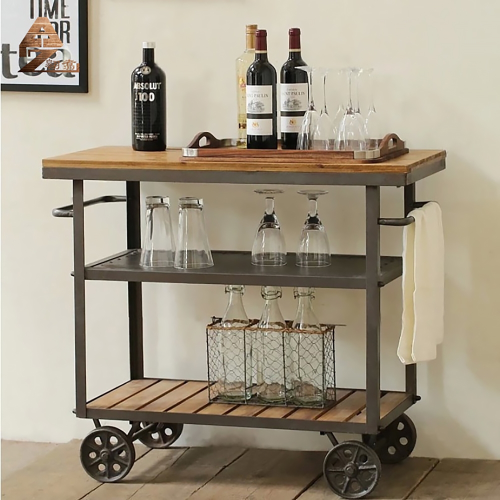 Image of 27.6'' Black Bar Cart with 2 Shelves 4 Metal Wheels Industrial Style