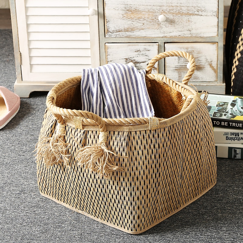 French Country Hand Woven Laundry Basket With Hemp Rope Handles Drum-shaped Plant Based Storage Basket