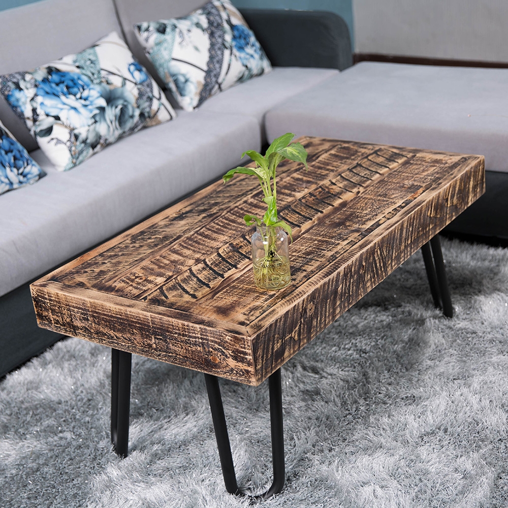 

Industrial Vintage Rectangular Coffee Table Distressed Wood Accent Table Metal in Black Finish