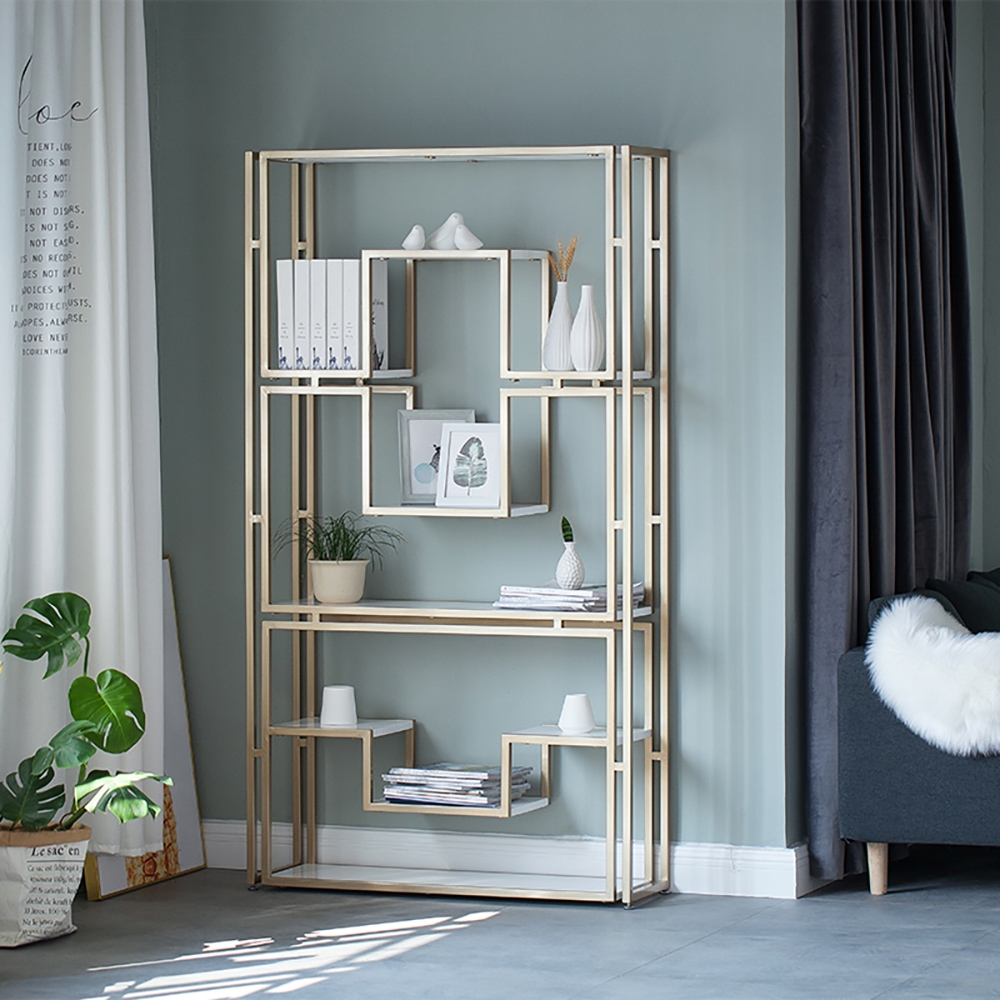 

47.2'' Gold Modern Metal Etagere Bookshelf Freestanding Bookcase with Wood Shelf