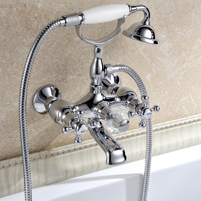 

Suex Classic 2-Handle Wall Mounted Bath Shower Mixer Tap with Handheld Shower in Polished Chrome Solid Brass