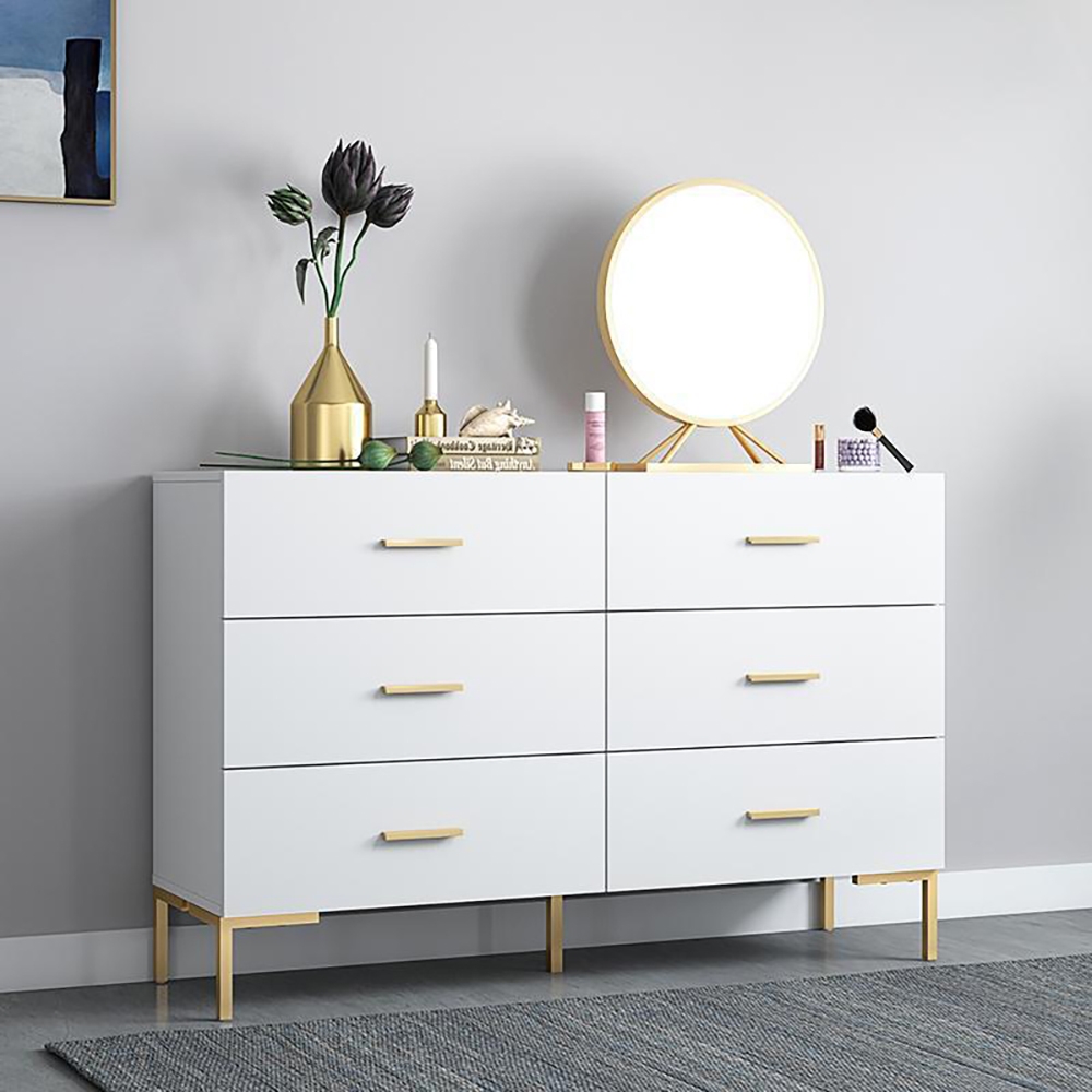 47" Nordic White Bedroom Dresser 6-Drawer Accent Cabinet in Gold