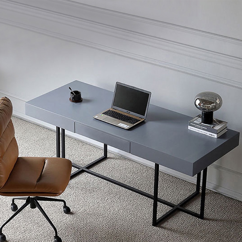 Image of 63" Gray Rectangular Office Desk with Drawer Wooden Writing Desk Metal Black
