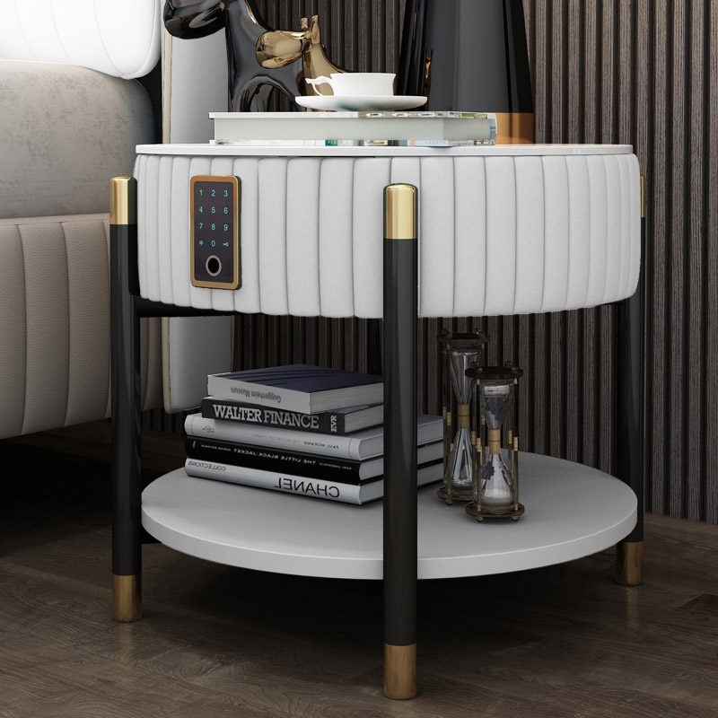 

White Upholstered Bedside Table 1-Drawer Nightstands with Electronic Lock Style B