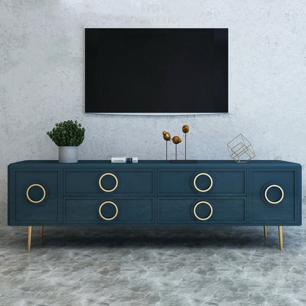 Navy Blue TV Stand with Storage Drawers for Gold Accents Mid-Century
