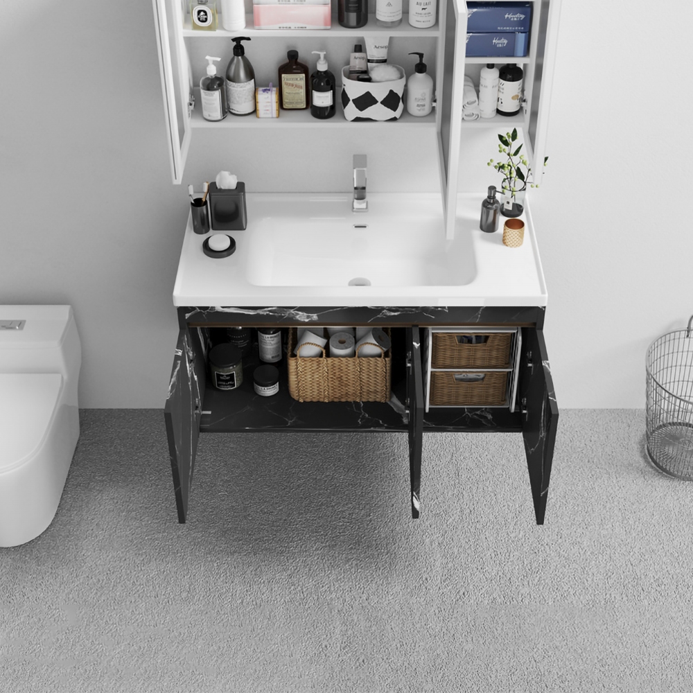 28" Black Floating Bathroom Vanity with Ceramic Top & Drop-in Sink