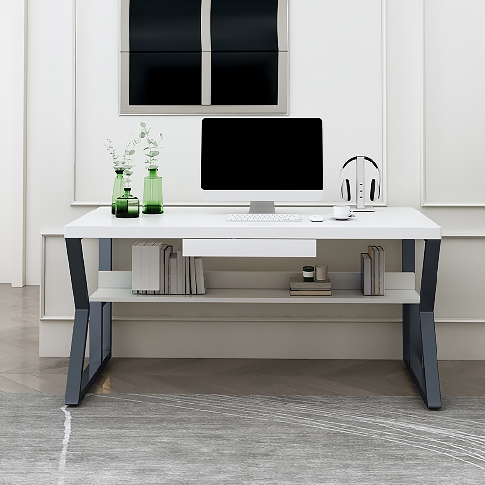 1400mm White Rectangular Writing Desk Computer Desk with Shelf & Drawer