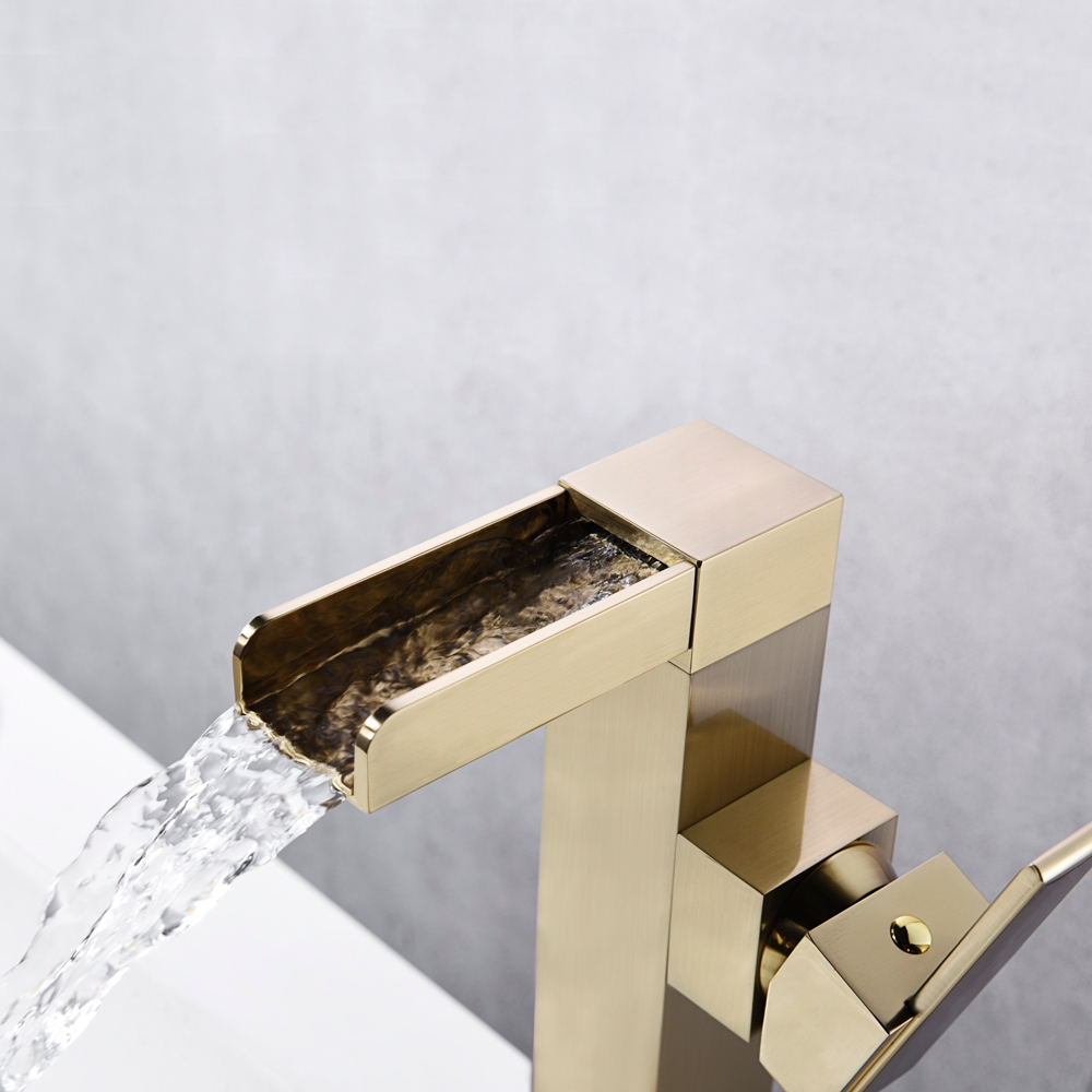 Mero Waterfall Brushed Gold Bathroom Vessel Sink Faucet Solid Brass Single Handle