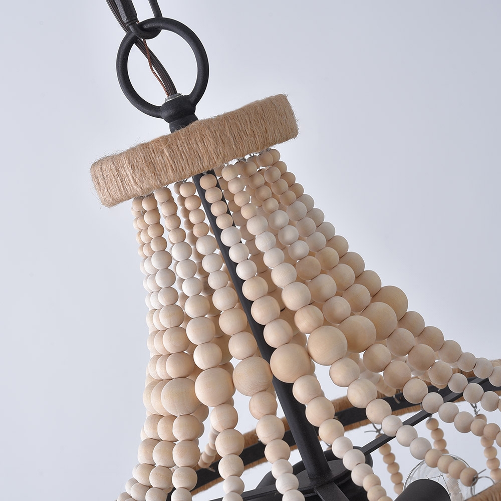 French Country 2-Light Wood Draped Beaded Empire Chandelier Natural Wood and Rope Chandelier
