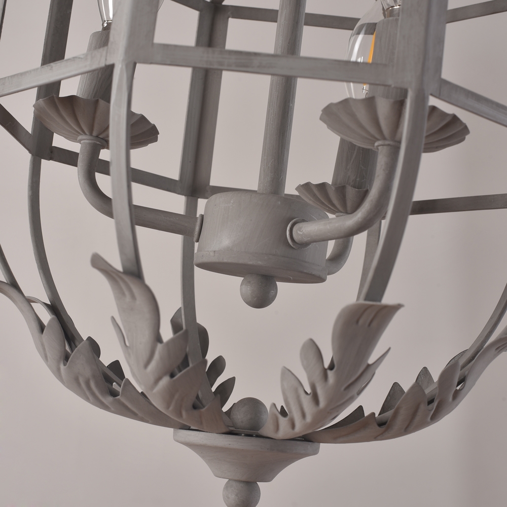 Modern Rustic 3-Light Grey Leaves Metal Cage Hanging Lantern Large Pendant Light